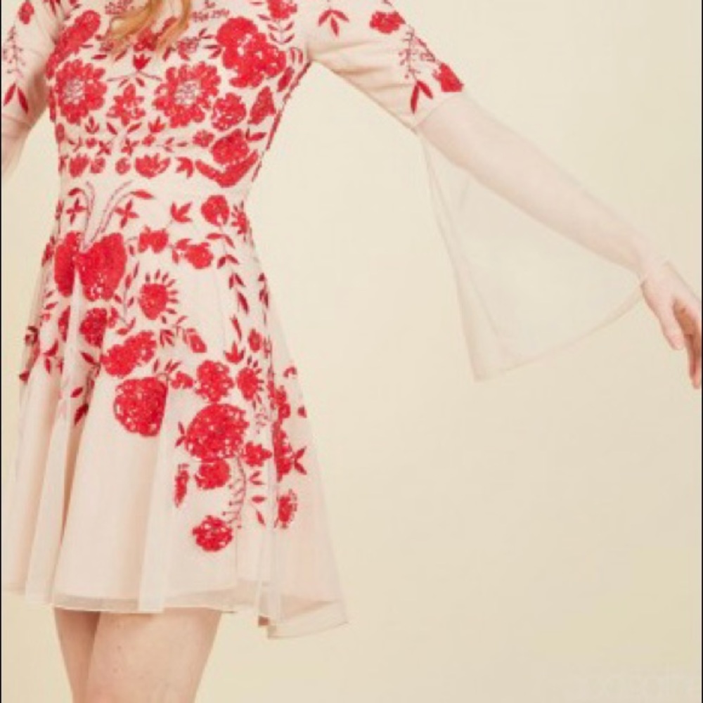 Frock & Frill Nude Red Sequin Open Back skater dress beaded sheer dress ModCloth